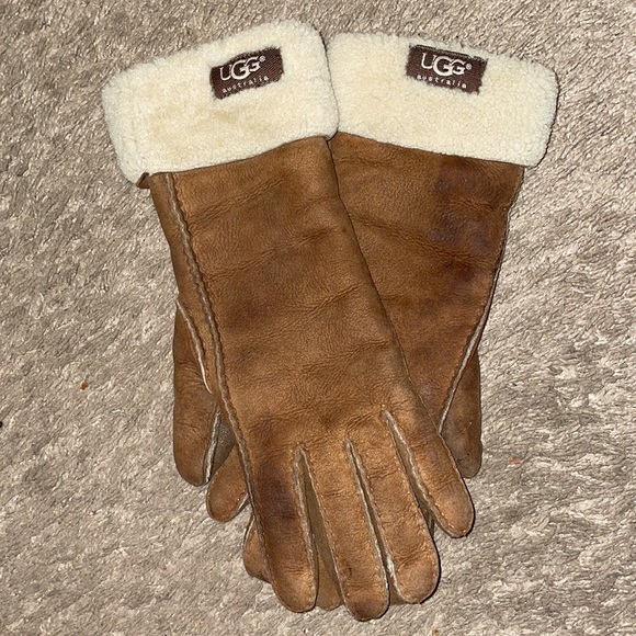 UGG Accessories Ugg Brown Leather Shearling Lined Gloves Poshmark